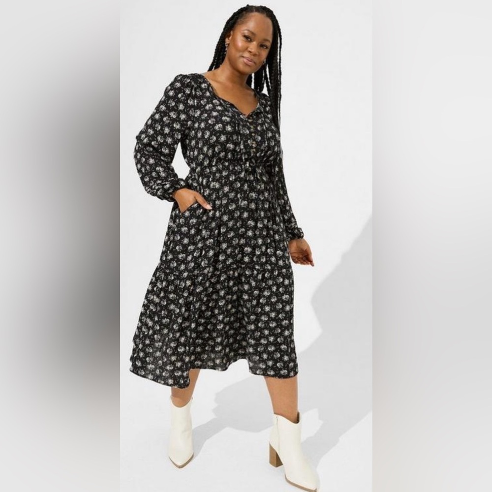 Torrid Midi Swiss Dot Pleat Long Sleeve Dress NWT